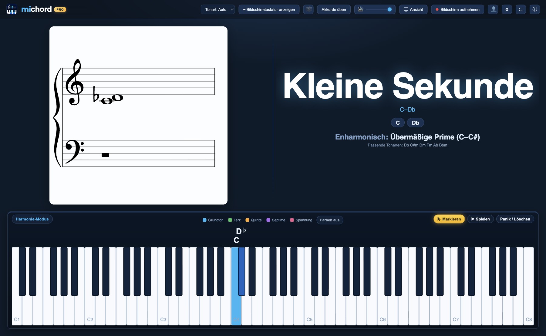 Michord-Ansicht: C und Cis gespielt, das Intervall als Kleine Sekunde benannt, darunter Enharmonisch: Übermäßige Prime