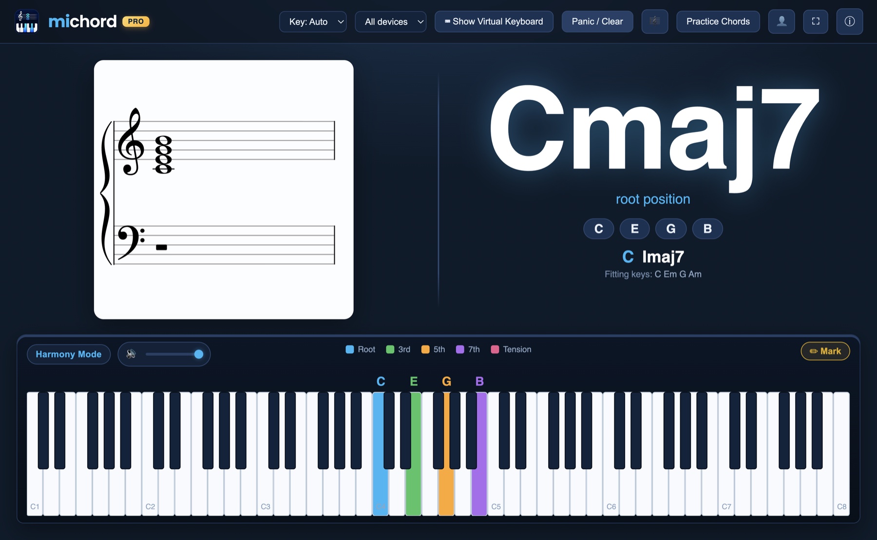 Michord screen: a Cmaj7 chord on the grand staff with its chord symbol and functional analysis