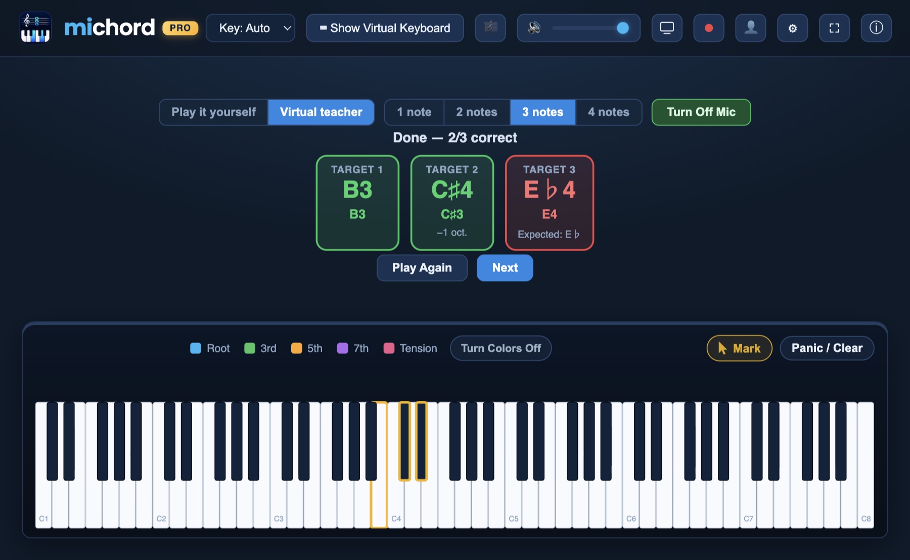 Michord ear training screen: three target notes, two green (correct), one red (wrong); the note the student sang is shown under each card