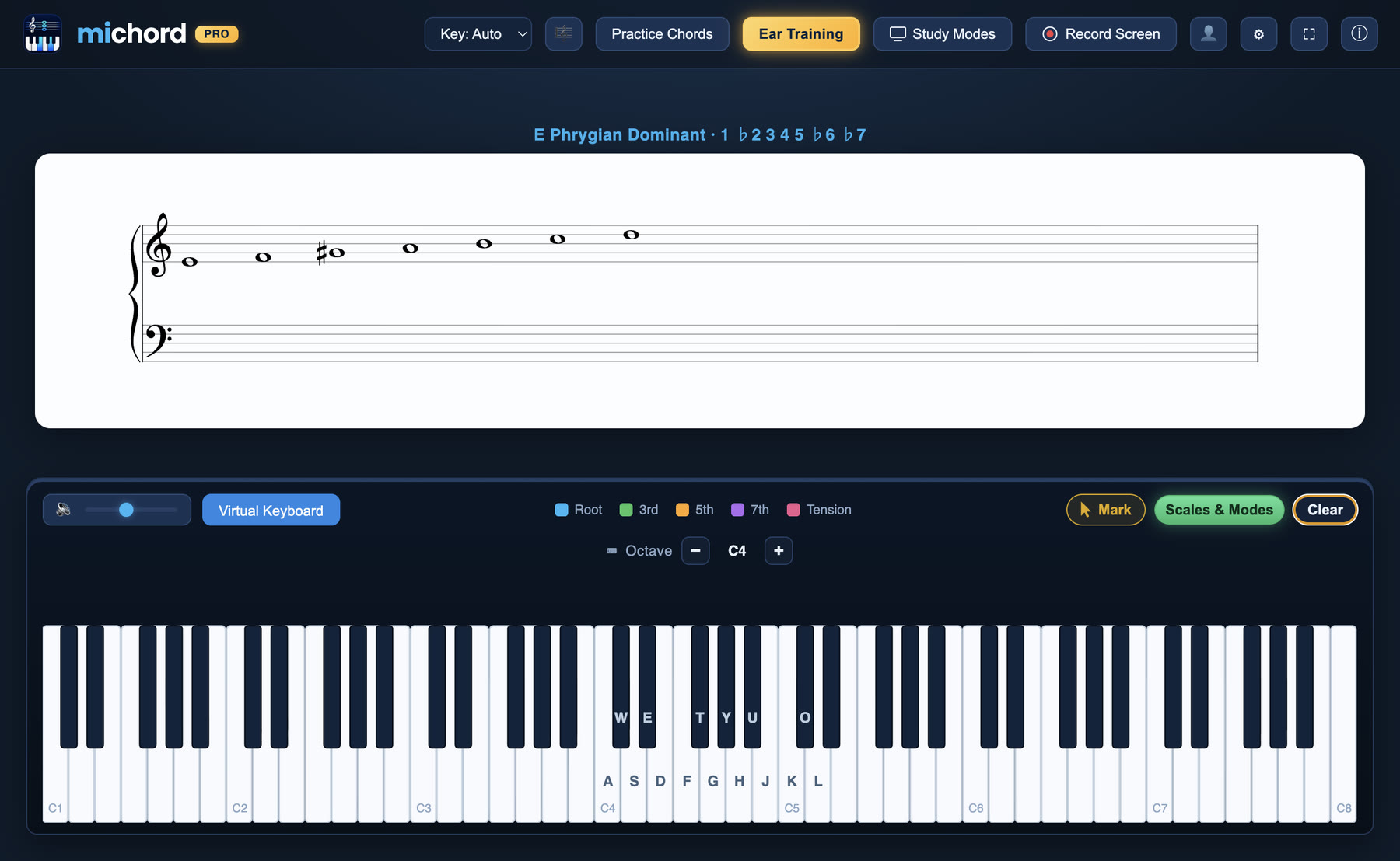 Michord Scales & Modes screen: seven notes from E (E F G♯ A B C D) written side by side on the staff from low to high, with E Phrygian Dominant · 1 ♭2 3 4 5 ♭6 ♭7 above