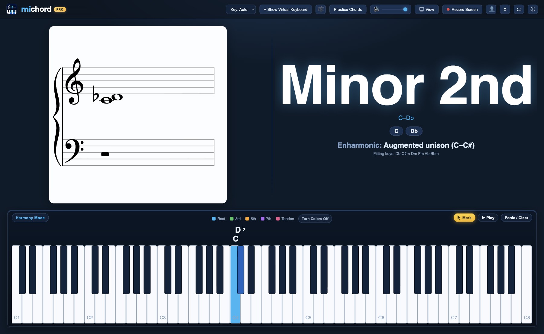 Michord screen: C and C sharp played, the interval named Minor 2nd with Enharmonic: Augmented unison shown below