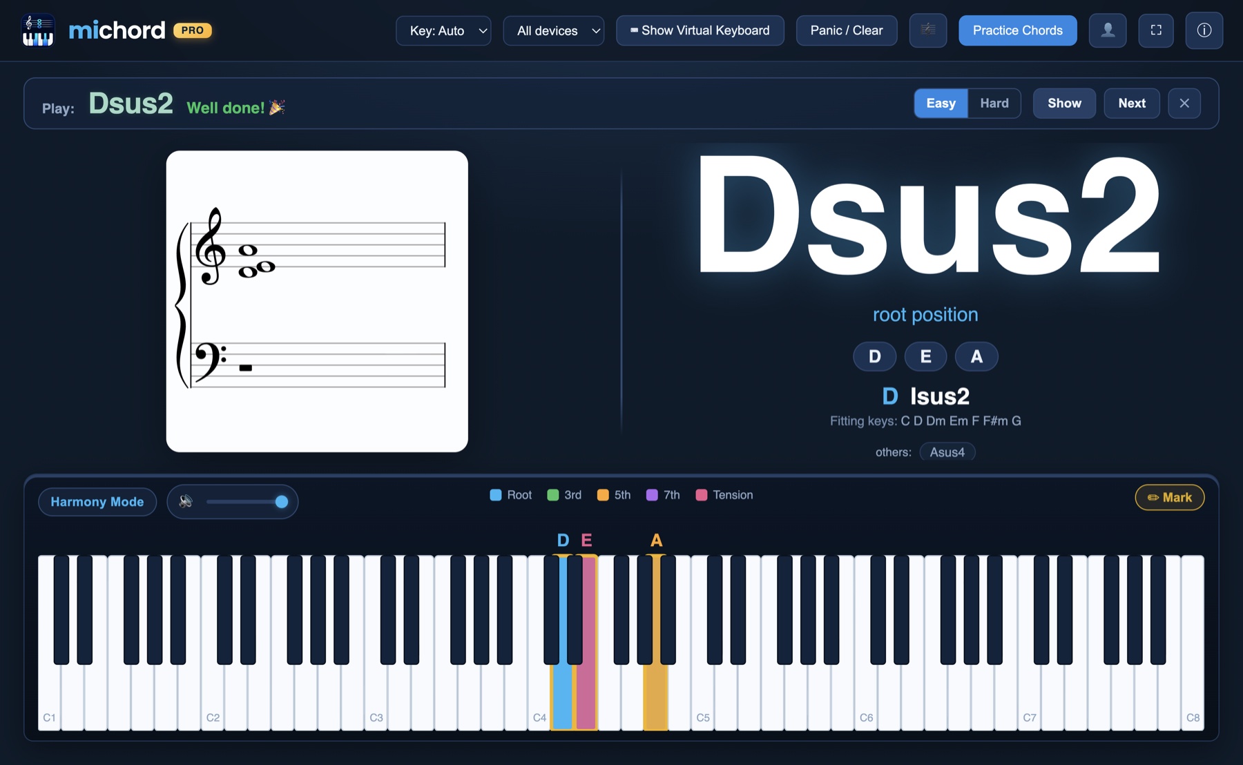 Michord chord training: a target chord and the feedback shown when you play it right