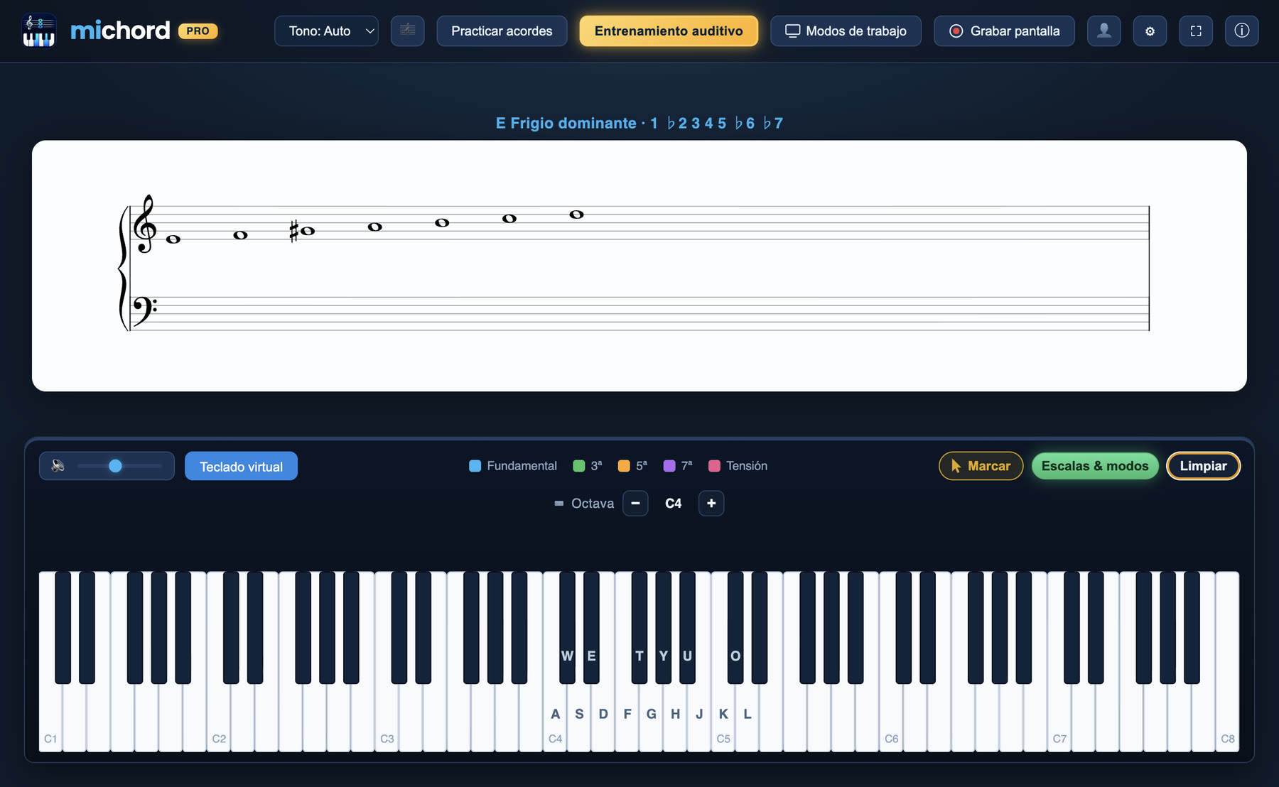 Pantalla Escalas & modos de Michord: siete notas desde mi (mi fa sol♯ la si do re) escritas una al lado de otra en el pentagrama, de grave a agudo, con E Frigio dominante · 1 ♭2 3 4 5 ♭6 ♭7 encima