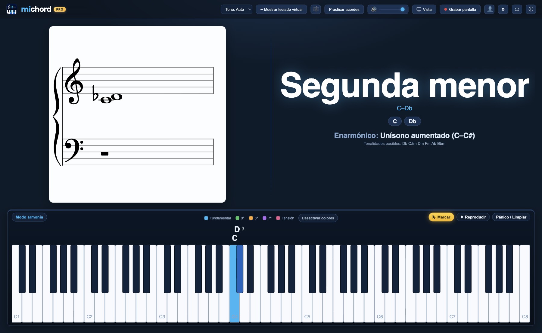 Pantalla de Michord: do y do sostenido tocados, el intervalo nombrado Segunda menor, con Enarmónico: Unísono aumentado debajo