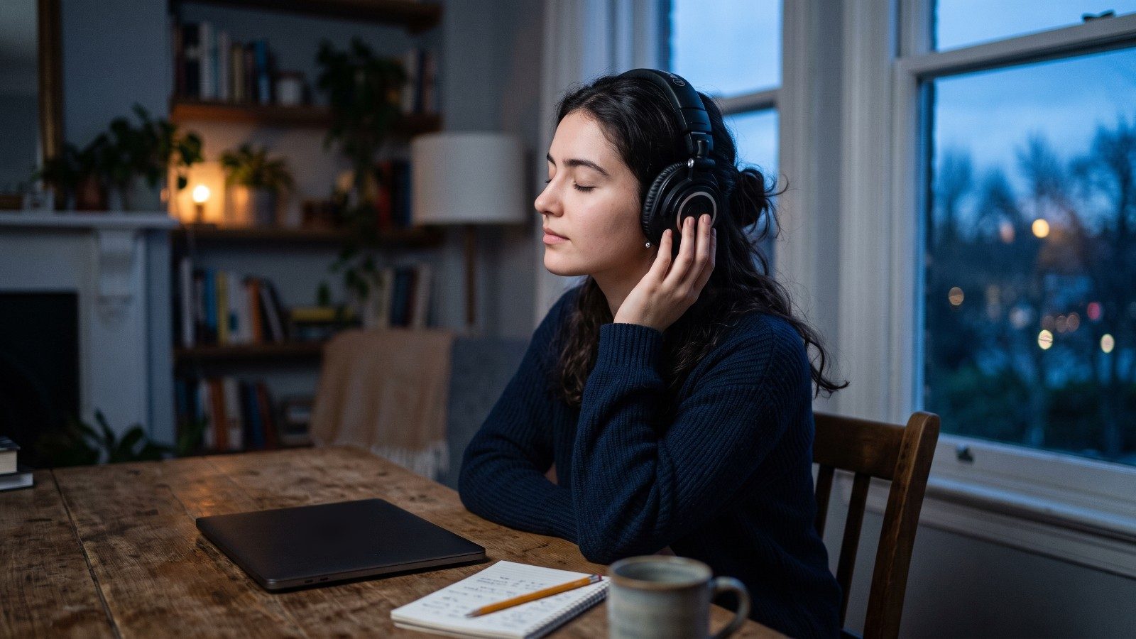 Une élève en musique, casque sur les oreilles, écoute attentivement les yeux fermés, un ordinateur portable fermé et un carnet sur la table, dans une lumière bleue du soir