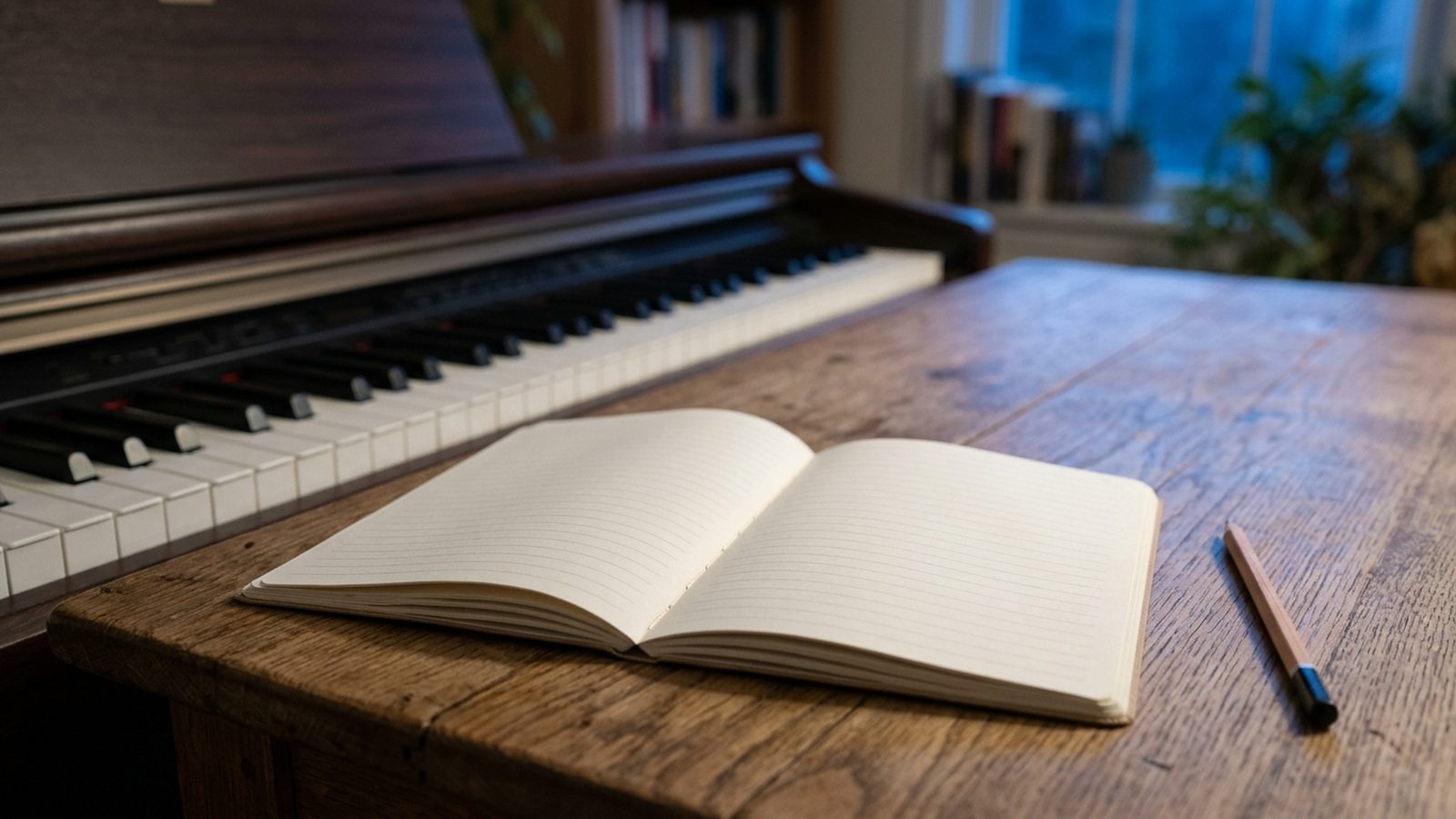 An open music notebook and a pencil on a desk, with blurred piano keys behind, in blue tones