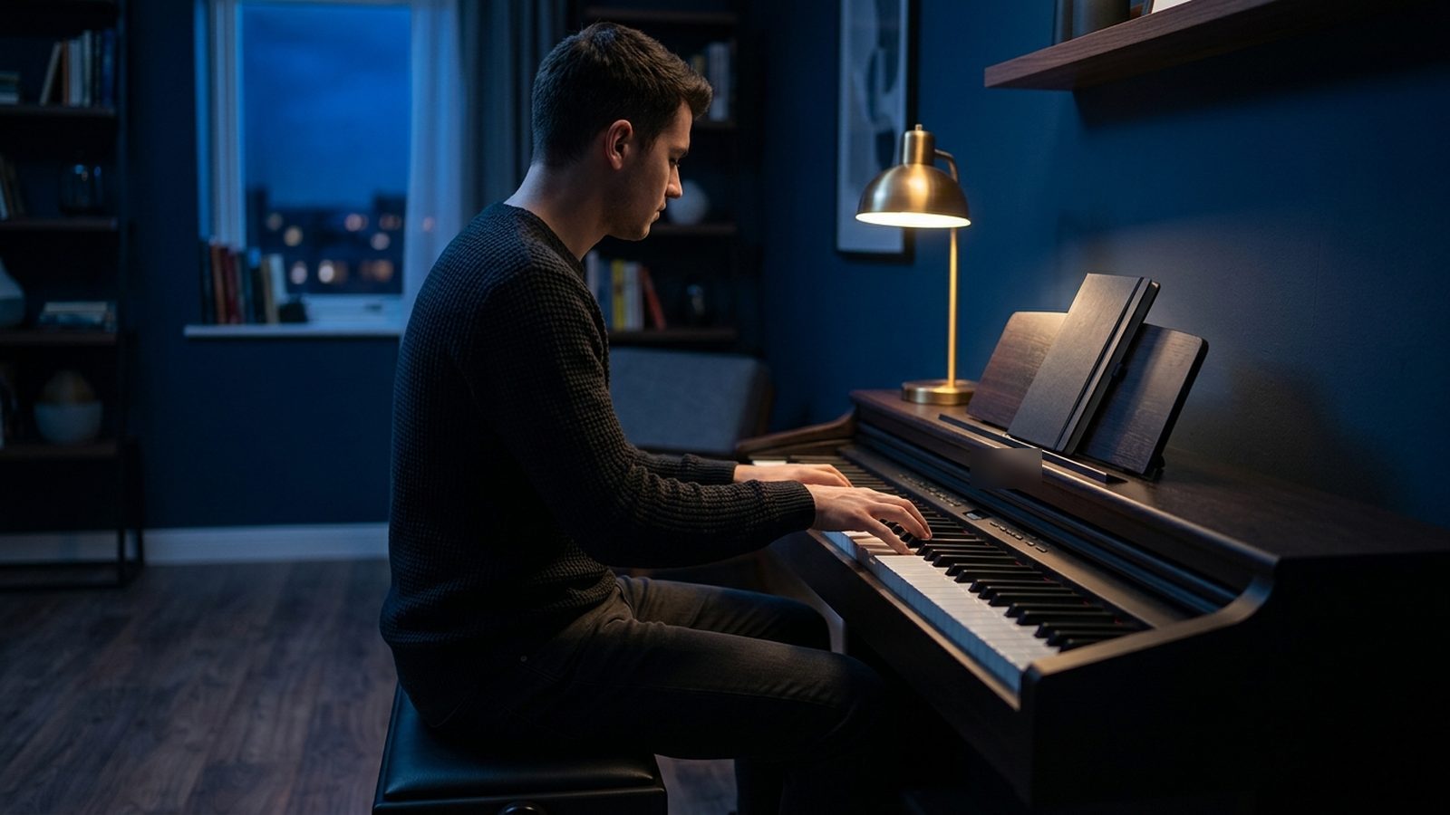A musician practicing chords on a digital piano in front of a music stand in a dark blue room, side view