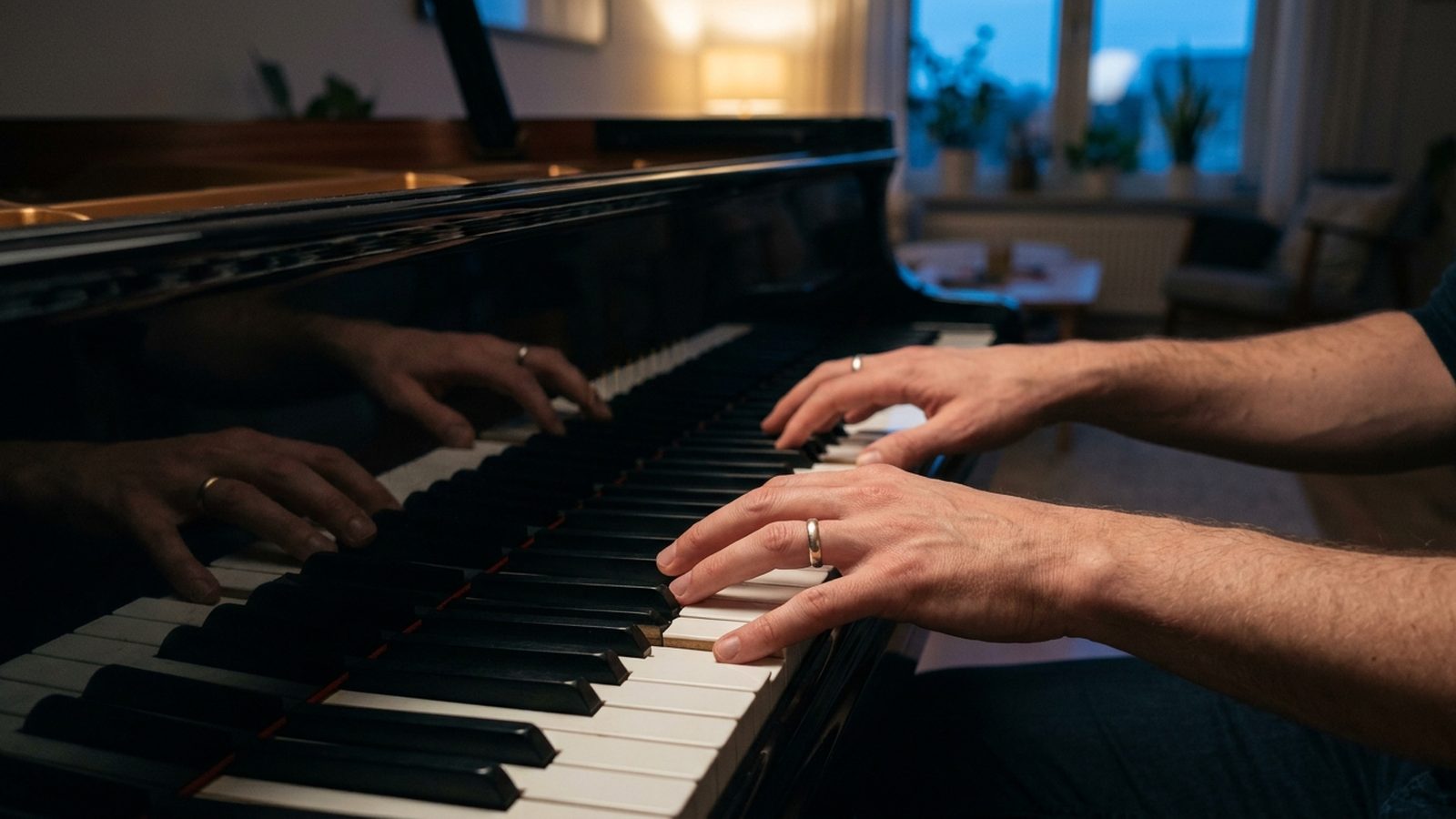 Close-up of two hands on the keys of a grand piano in blue evening light