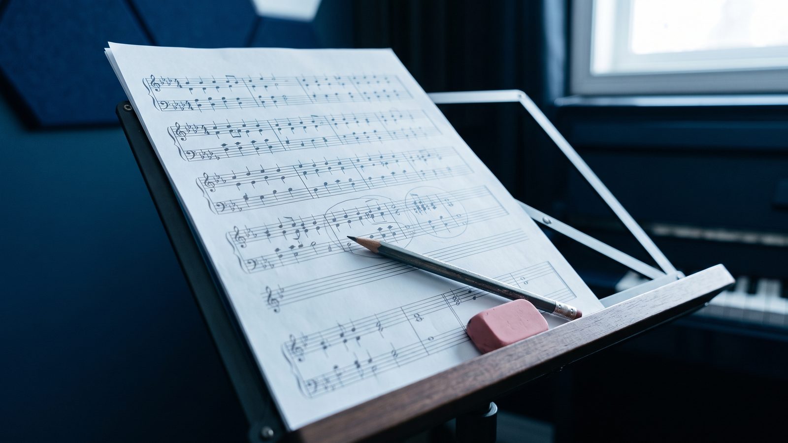 Devoir d'harmonie à quatre voix posé sur un pupitre, avec un crayon et une gomme