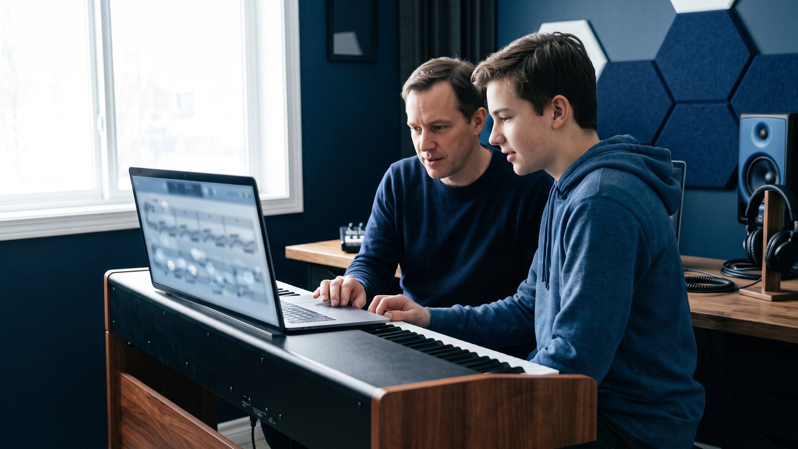 Un professeur et un élève devant un clavier, regardant un ordinateur portable dans une salle de travail aux tons bleus