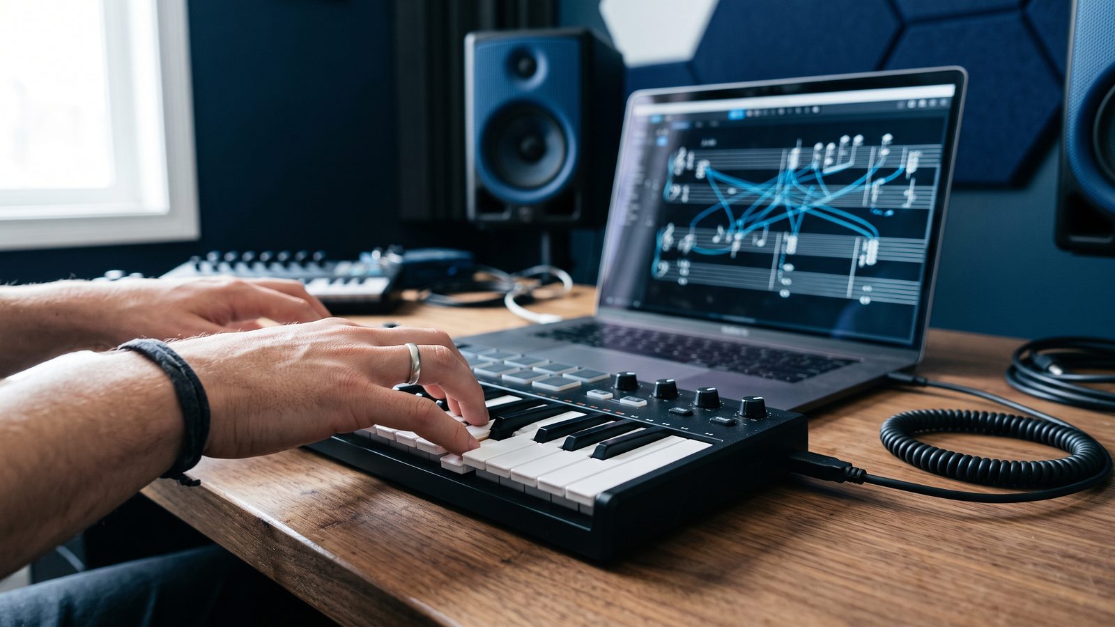 Mains posées sur les touches d'un clavier, avec en arrière-plan un ordinateur portable affichant des portées et des notes stylisées dans des tons bleus