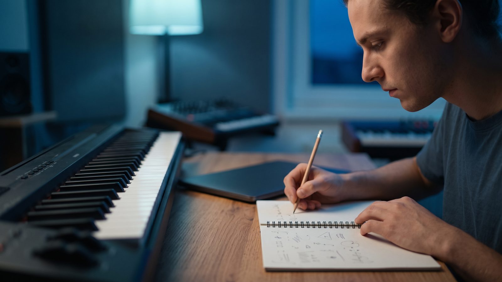 Una estudiante sentada ante un teclado anota acordes con un lápiz en un cuaderno, en tonos azules