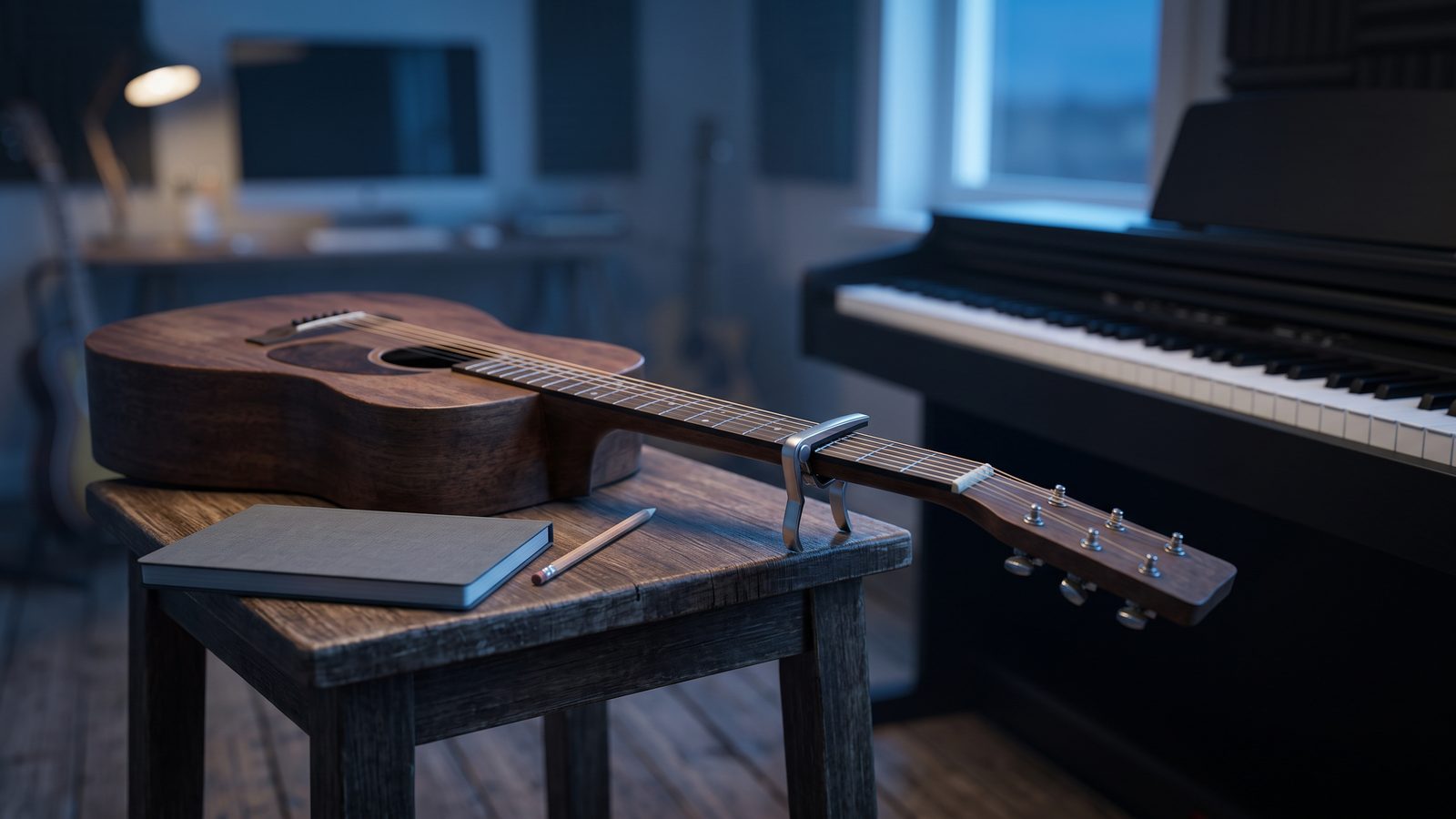 Una guitarra acústica con cejilla apoyada junto a un piano digital, en tonos azules