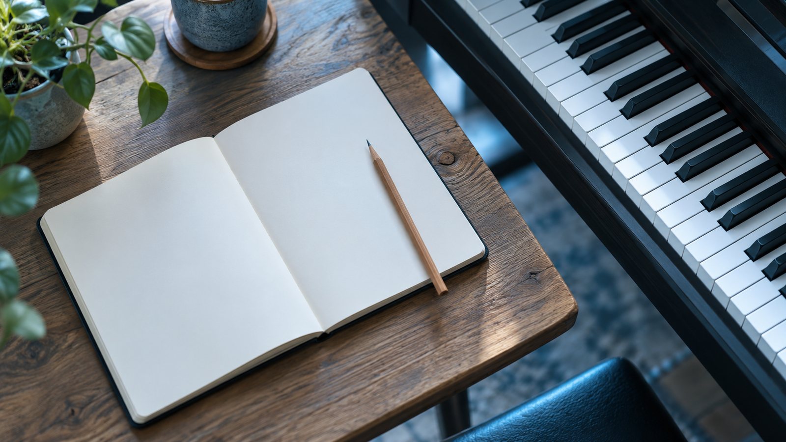 Aufgeschlagenes leeres Notizbuch mit Bleistift auf einem Holztisch direkt neben einer Klaviertastatur