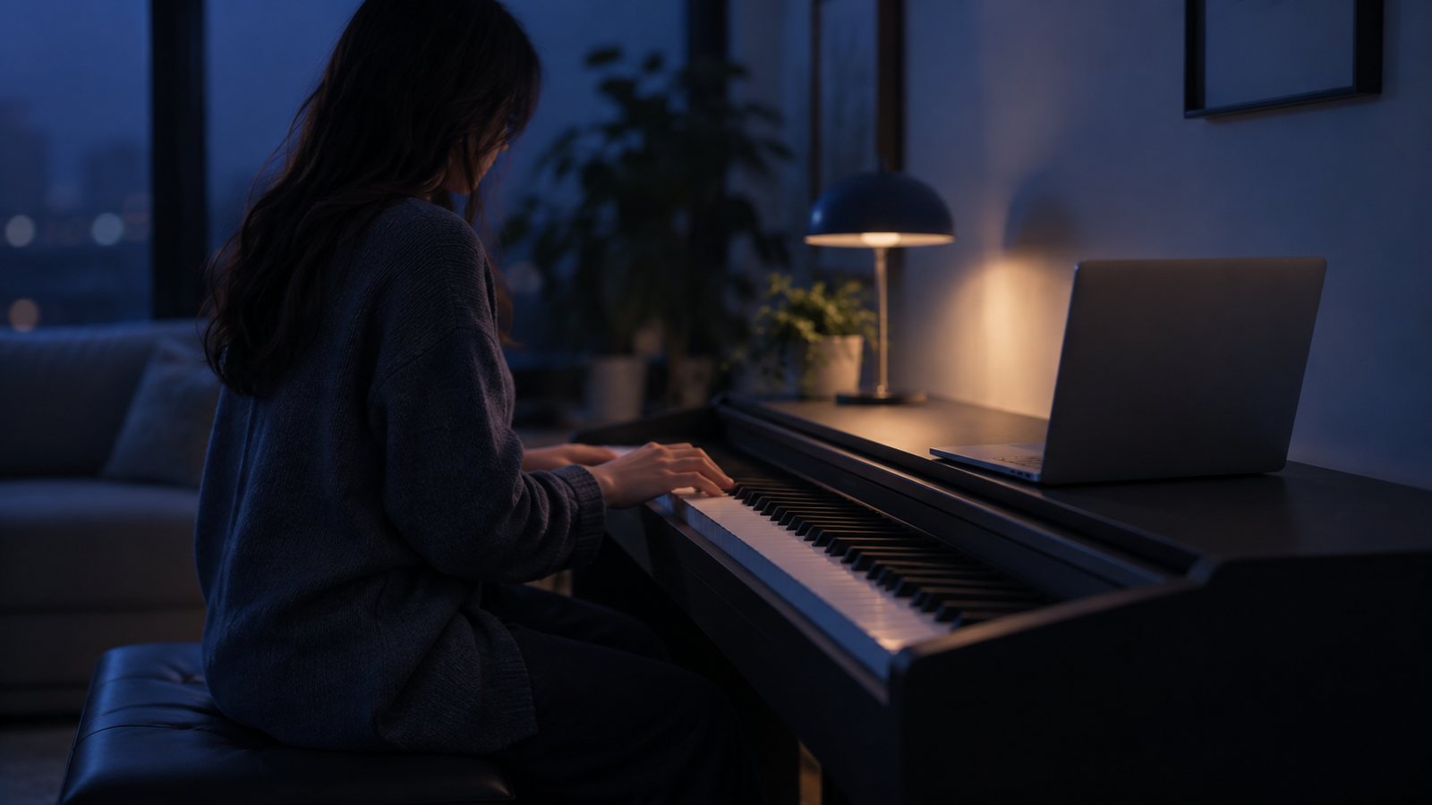 Schülerin spielt in einem dunklen, blau beleuchteten Zimmer am Digitalpiano, auf dem Instrument steht ein Laptop, Seitenansicht
